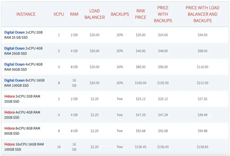 Cost of Typical Instances DigitalOcean Hidora